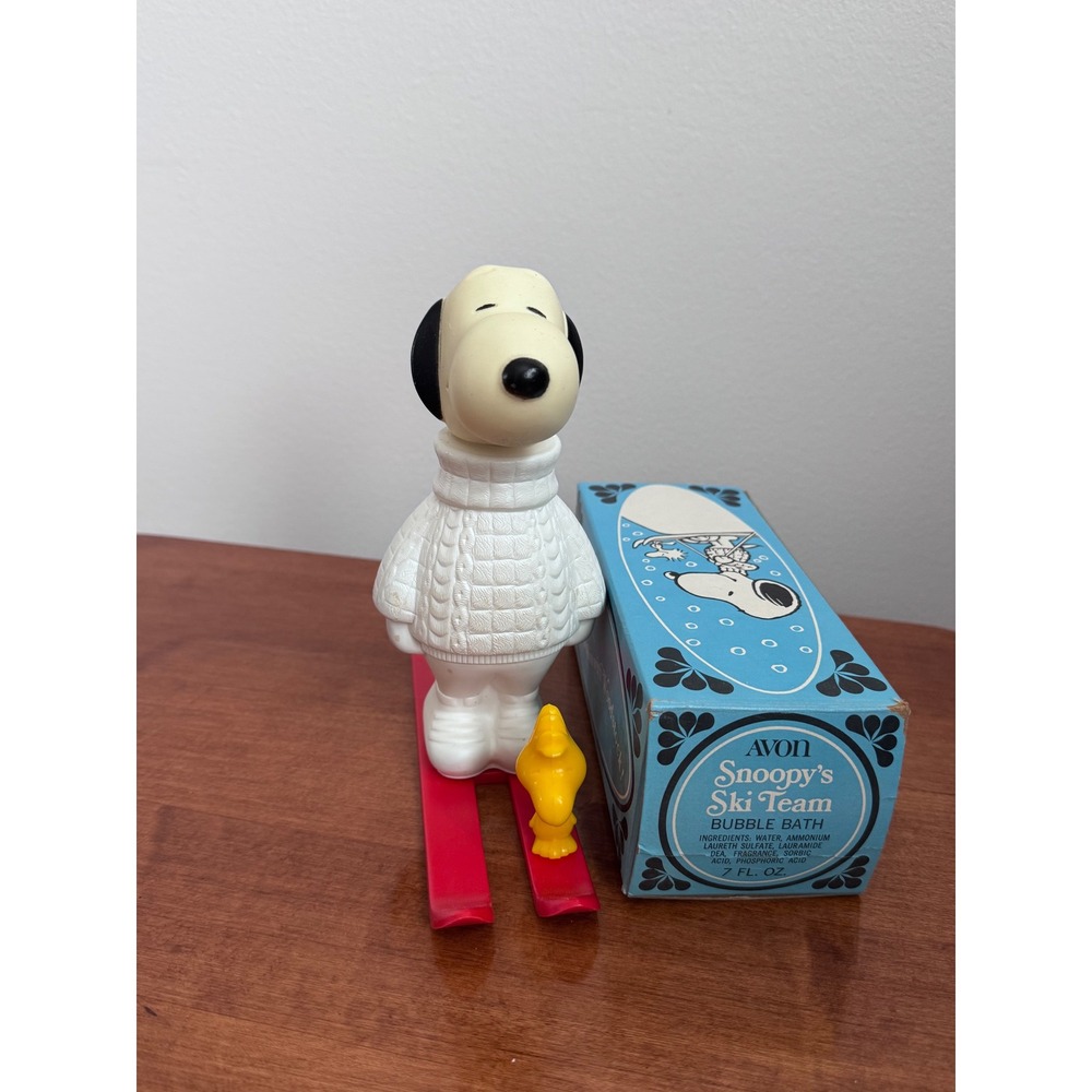 Vintage Avon Snoopy Ski Team Bubble Bath Bottle with Woodstock Original Box 7oz